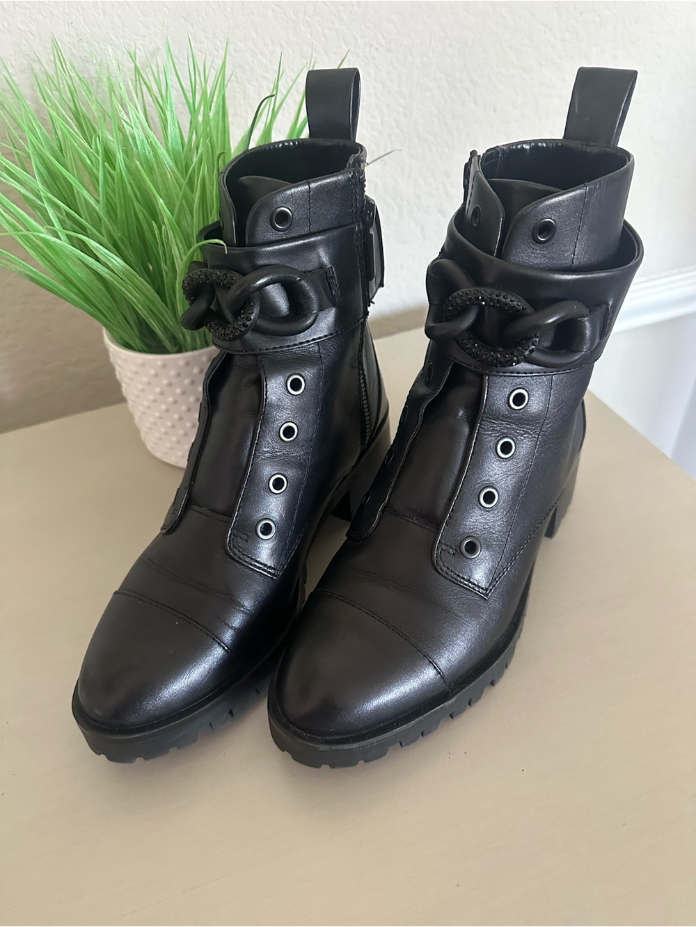 Karl Lagerfeld Black Leather Chain-Detail Ankle Booties